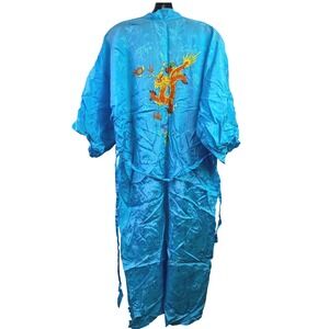 Vintage Double Peach Kimono Mens Large Embroidered Dragon Silk Robe Belted